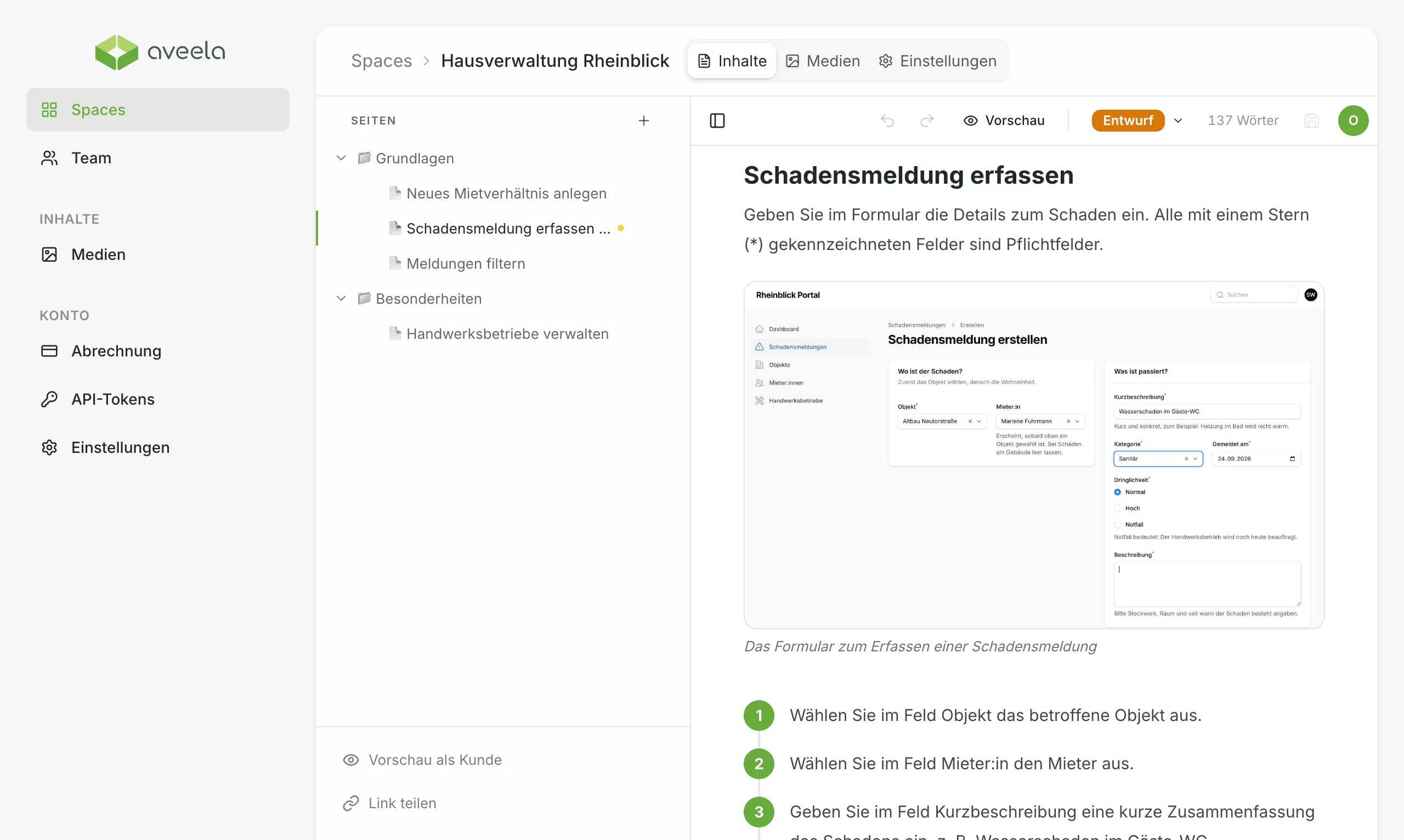 Aveela-Editor mit dem KI-Entwurf „Schadensmeldung erfassen und Handwerker beauftragen“ im Status Entwurf: ein Abschnitt mit eingebettetem Screenshot des Rheinblick Portals und nummerierten Schritten, links der Seitenbaum