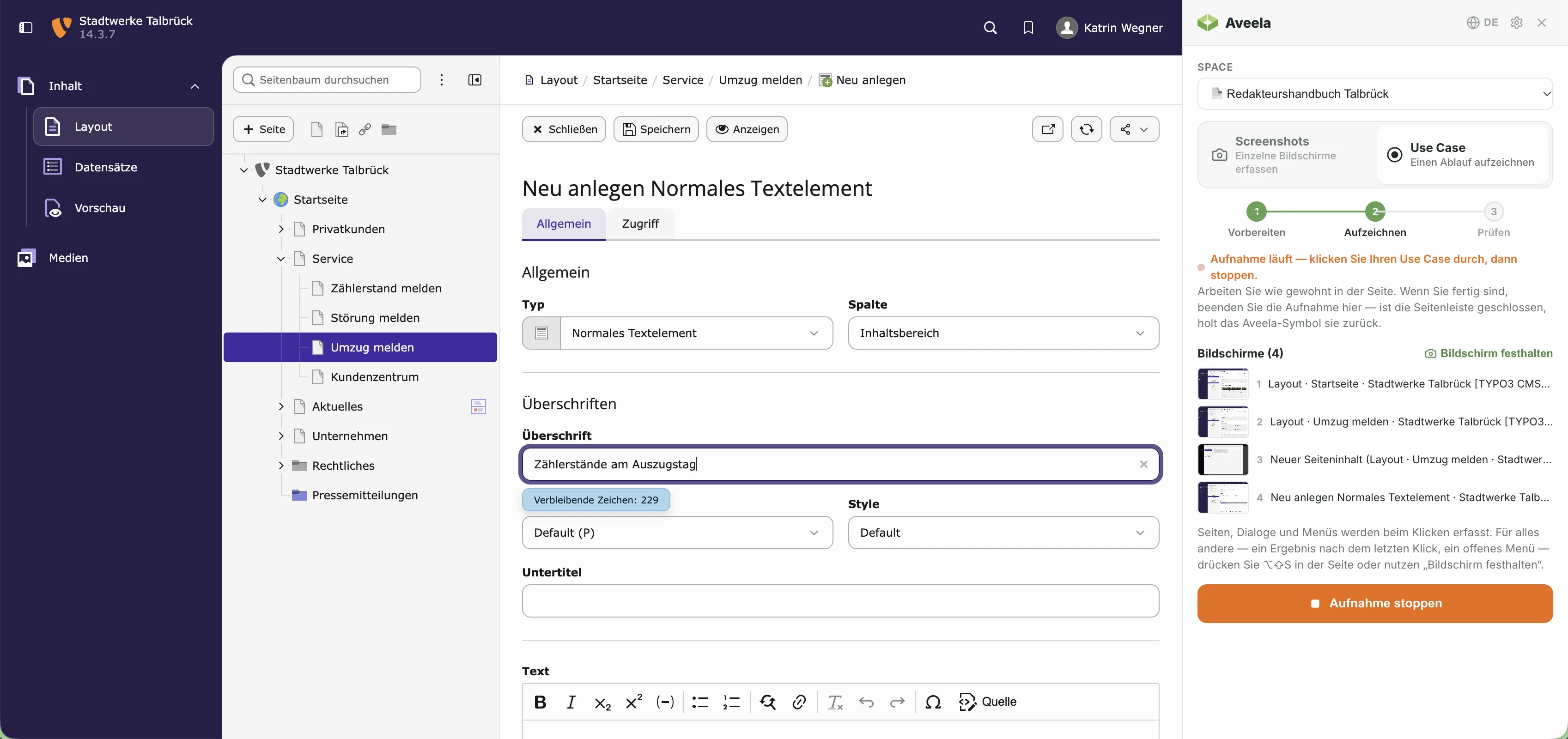 TYPO3-Backend der erfundenen Stadtwerke Talbrück, angemeldet als Redakteurin: das Formular „Neu anlegen Normales Textelement“ mit der Überschrift „Zählerstände am Auszugstag“, links Seitenbaum und ein auf wenige Module beschränktes Menü, daneben die Aveela-Seitenleiste mit laufender Aufnahme und vier erfassten Bildschirmen