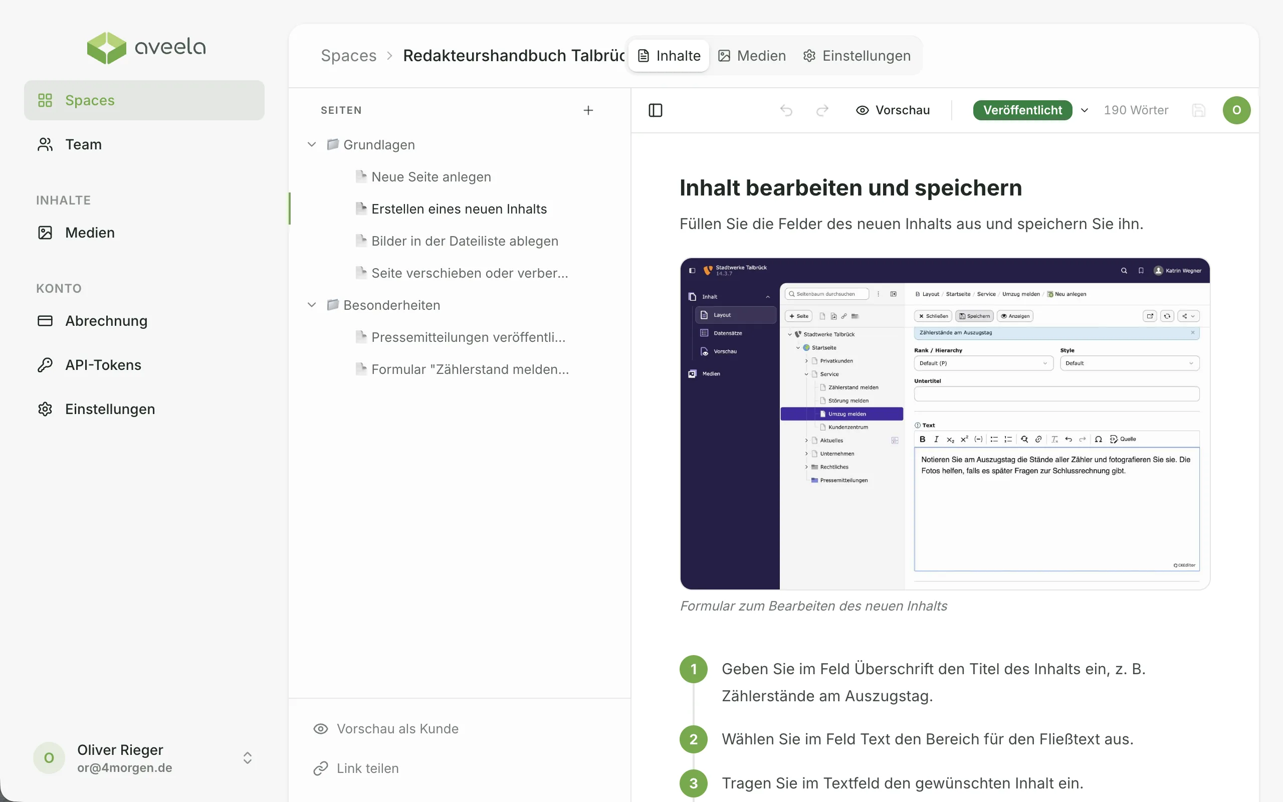 Aveela-Editor mit der KI-Anleitung „Erstellen eines neuen Inhalts“: der Abschnitt „Inhalt bearbeiten und speichern“ mit eingebettetem TYPO3-Screenshot und nummerierten Schritten, links der Seitenbaum mit den Kapiteln Grundlagen und Besonderheiten