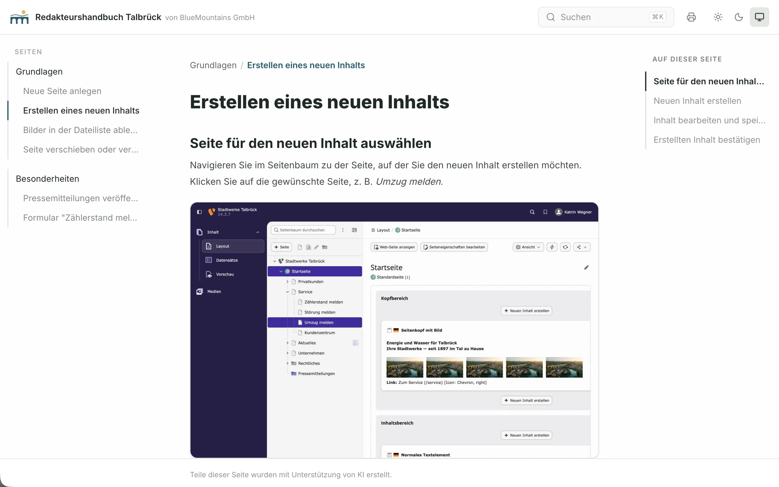 Leseportal „Redakteurshandbuch Talbrück von BlueMountains GmbH“ im Petrol der Stadtwerke: die Seite „Erstellen eines neuen Inhalts“ mit einem Screenshot des TYPO3-Seitenbaums, links die Kapitel Grundlagen und Besonderheiten
