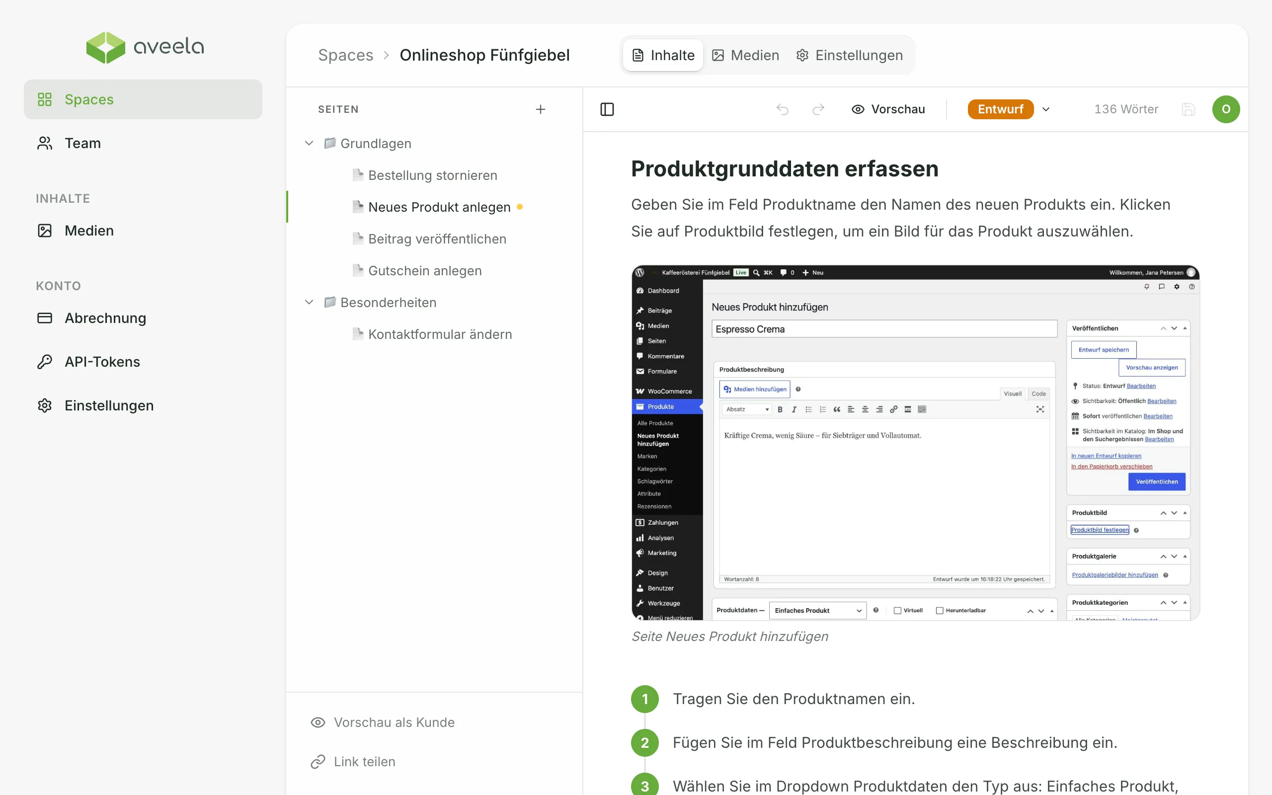 Aveela-Editor mit dem KI-Entwurf „Neues Produkt anlegen“ im Status Entwurf: ein Abschnitt mit eingebettetem WordPress-Screenshot und nummerierten Schritten, links der Seitenbaum mit den Kapiteln Grundlagen und Besonderheiten