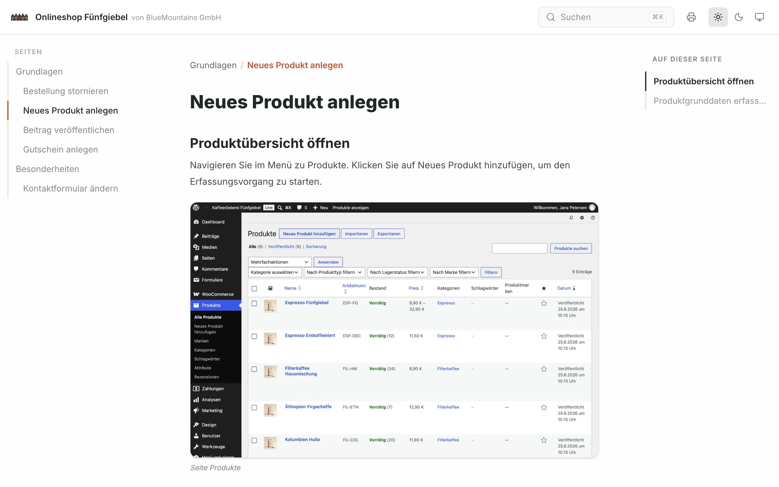 Leseportal „Onlineshop Fünfgiebel von BlueMountains GmbH“ im Look der Kaffeerösterei: die Seite „Neues Produkt anlegen“ mit Schritt-Anleitung und einem Screenshot der WooCommerce-Produktliste