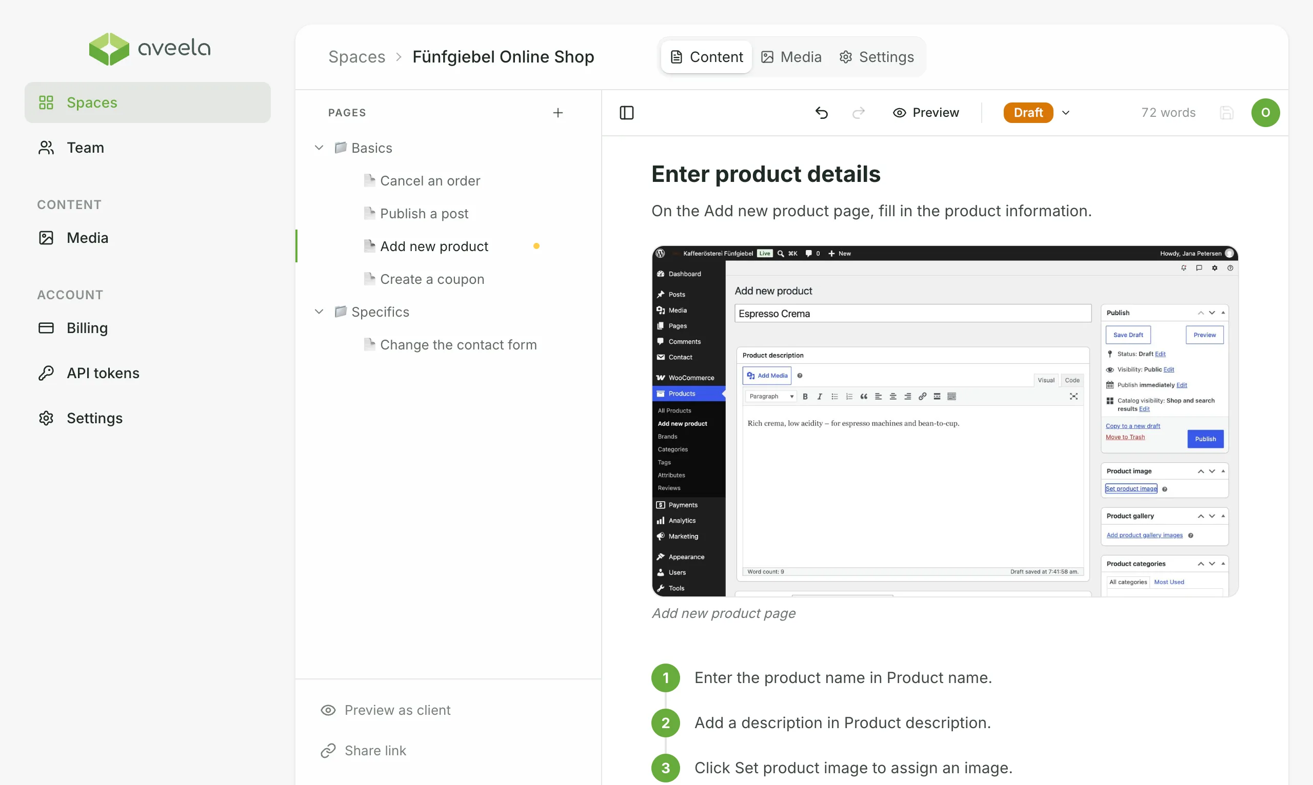 Aveela editor with the AI draft "Add new product" in draft status: a section with an embedded WordPress screenshot and numbered steps, on the left the page tree with the chapters Basics and Specifics