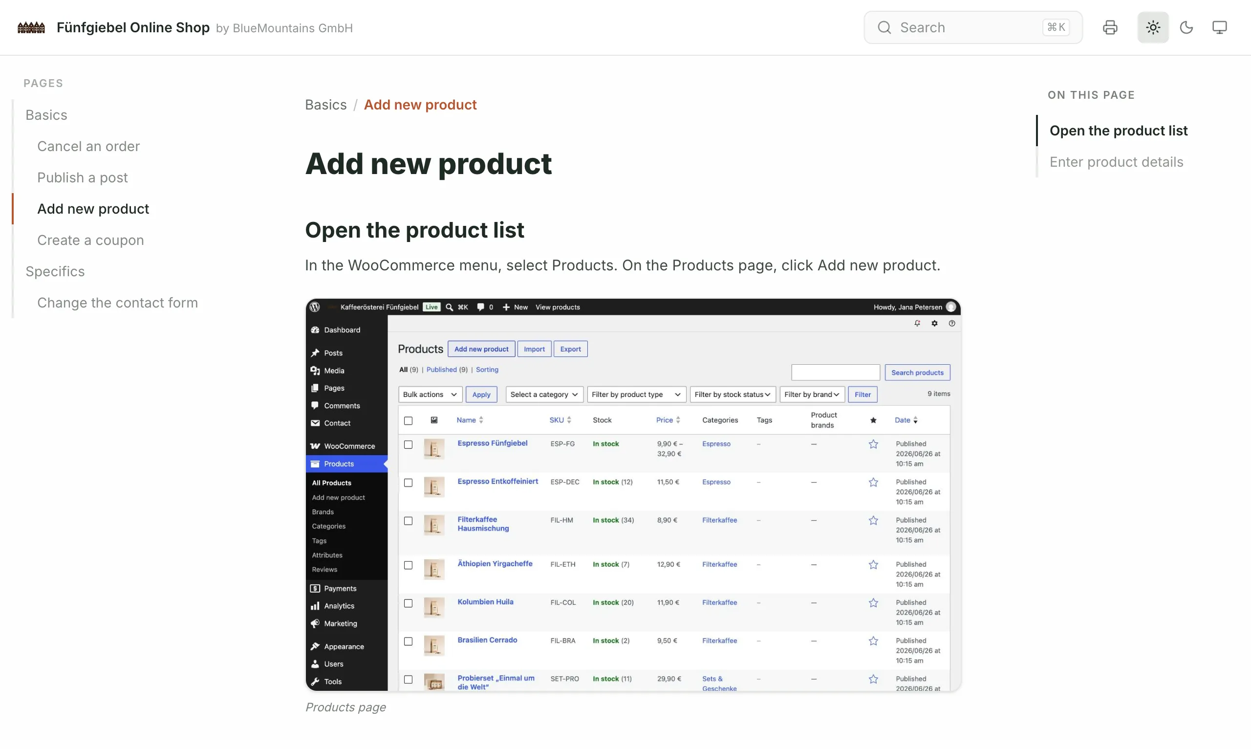 Reader portal "Fünfgiebel Online Shop by BlueMountains GmbH" in the coffee roastery's branding: the page "Add new product" with step-by-step instructions and a screenshot of the WooCommerce product list