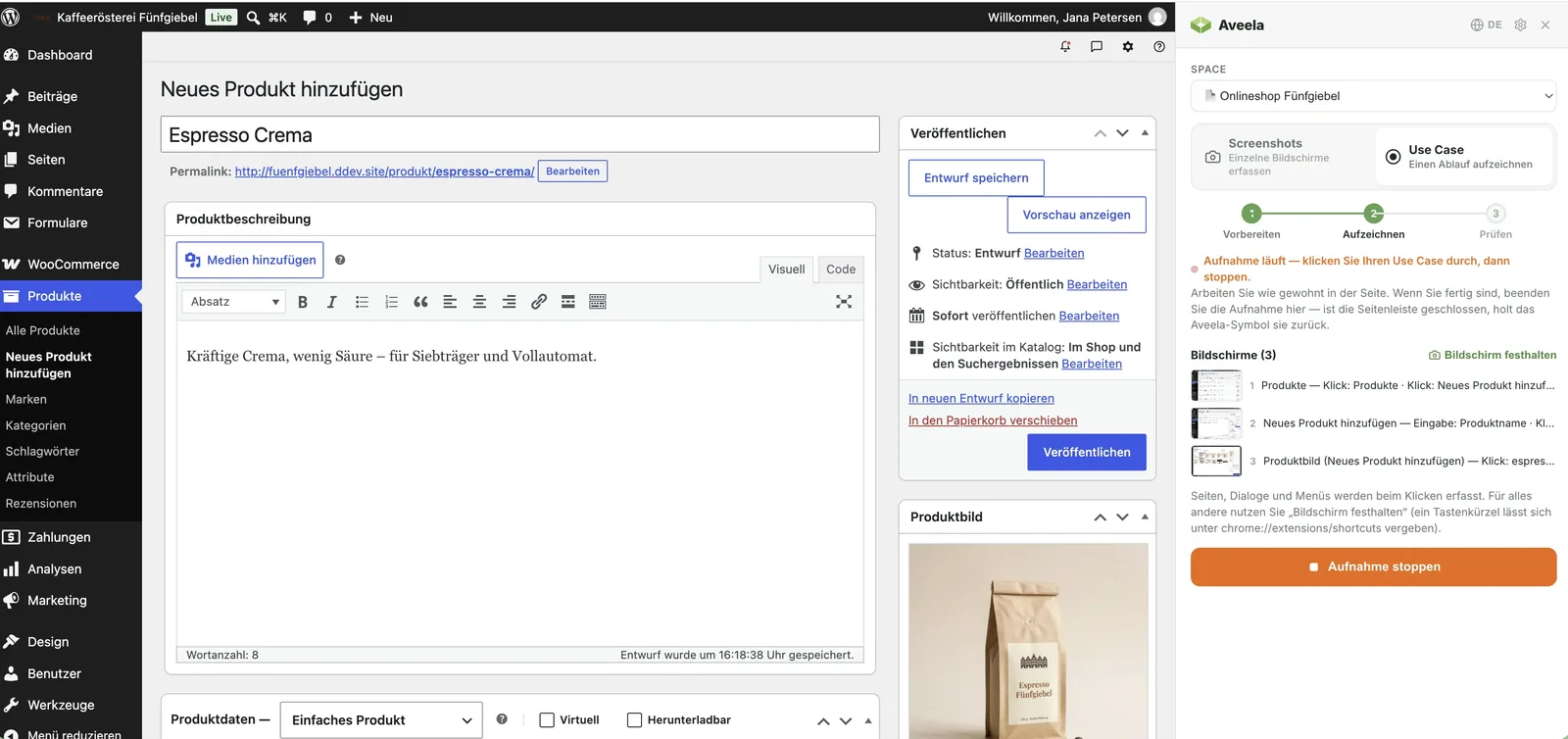 WordPress-Backend beim Anlegen eines Produkts, rechts daneben die Aveela-Seitenleiste mit laufender Aufnahme